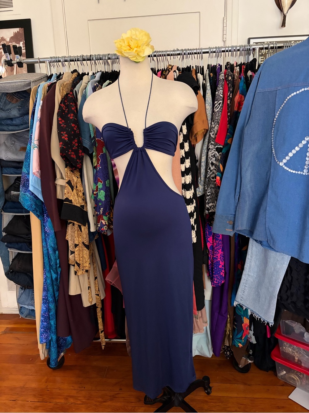 Navy Blue Cutout Halter Maxi Dress